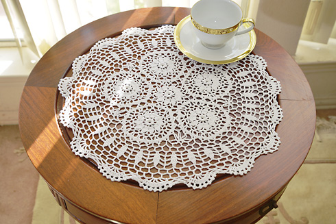 White color Crochet Round Table Topper. 16" Round. ( 2 pieces)